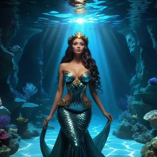 Prompt: HD 4k 3D, hyper realistic, professional modeling, enchanted evil Mermaid Princess, dark, beautiful, magical, sorceress, underwater fantasy grotto, detailed, elegant, ethereal, mythical, Greek goddess, surreal lighting, majestic, goddesslike aura