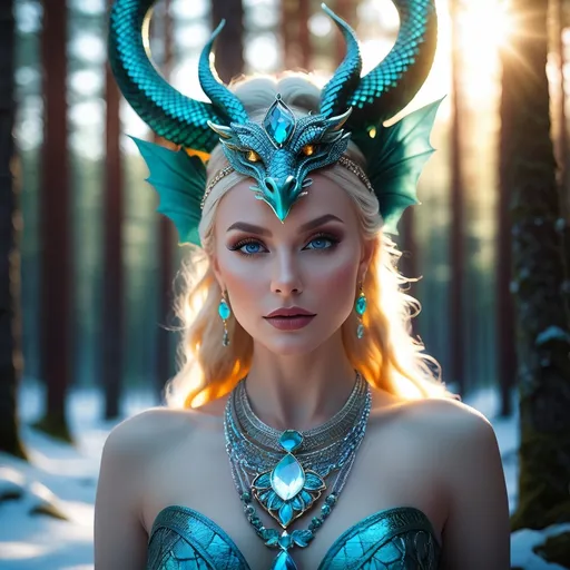 Prompt: Finnish Ajatar is an evil female spirit. She lives in the woods located at the mountains, She is closely associated with serpents, and is often depicted in modern art as a dragon or half-humanoid and serpentine figure, hyper realistic, HD 4k 3D, professional modeling, ethereal, gorgeous face, Finnish jewelry and headpiece, ambient divine glow, detailed and intricate, elegant, ethereal, mythical, goddess, radiant lighting, majestic, goddesslike aura, mystic Finland landscape