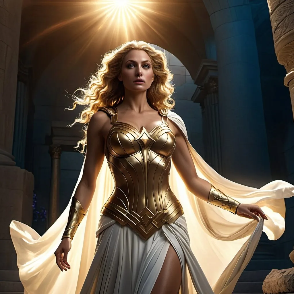 Prompt: HD 4k 3D 8k professional modeling photo hyper realistic beautiful woman enchanted Superheroine Princess Projectra, ethereal greek goddess, full body surrounded by ambient glow, magical, highly detailed, intricate, beautiful superheroine style, magic powers, sorceress, illusions, outdoor landscape, highly realistic woman, high fantasy background, elegant, mythical, surreal lighting, majestic, goddesslike aura, Annie Leibovitz style 

