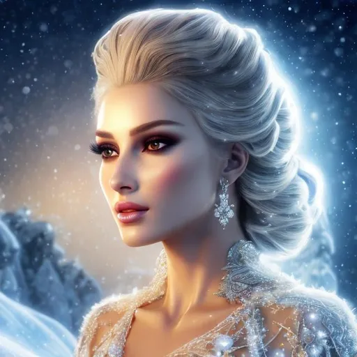 Prompt: HD 4k 3D 8k professional modeling photo hyper realistic beautiful woman ethereal greek goddess of true calling
white hair bun updo brown eyes gorgeous face mixed skin shimmering flowing winter dress ornate jewelry winter crown full body surrounded by ambient glow hd landscape background mystical winter wonderland in greek mountain ice cave
