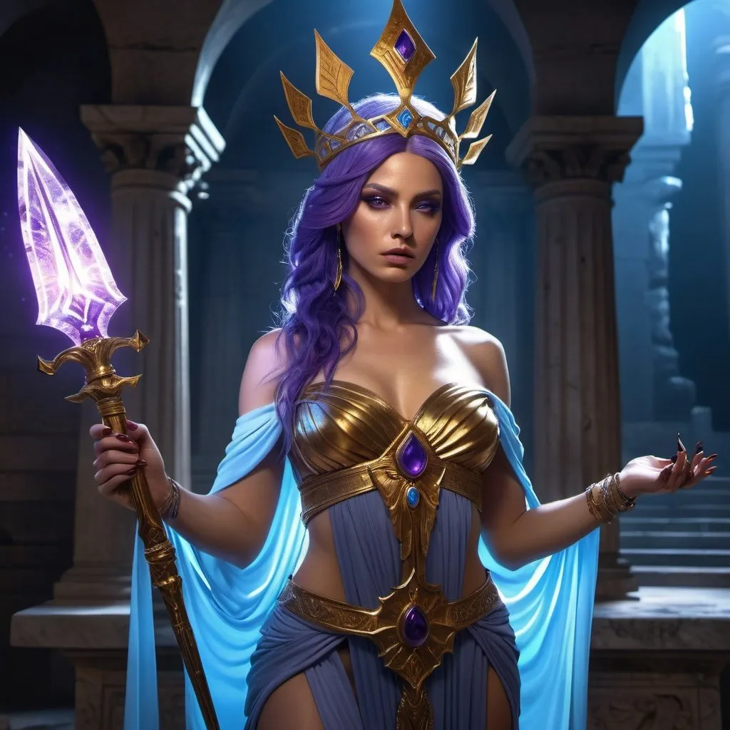 Prompt: HD 4k 3D, 8k, hyper realistic, professional modeling, ethereal Greek Goddess Vengeful Princess, purple hair, mixed skin, gorgeous glowing face, flowing amber dress, blue gemstone jewelry and headpiece, vengeful, holding a dagger outside a tomb, bloody, surrounded by ambient divinity glow, detailed, elegant, mythical, surreal dramatic lighting, majestic, goddesslike aura