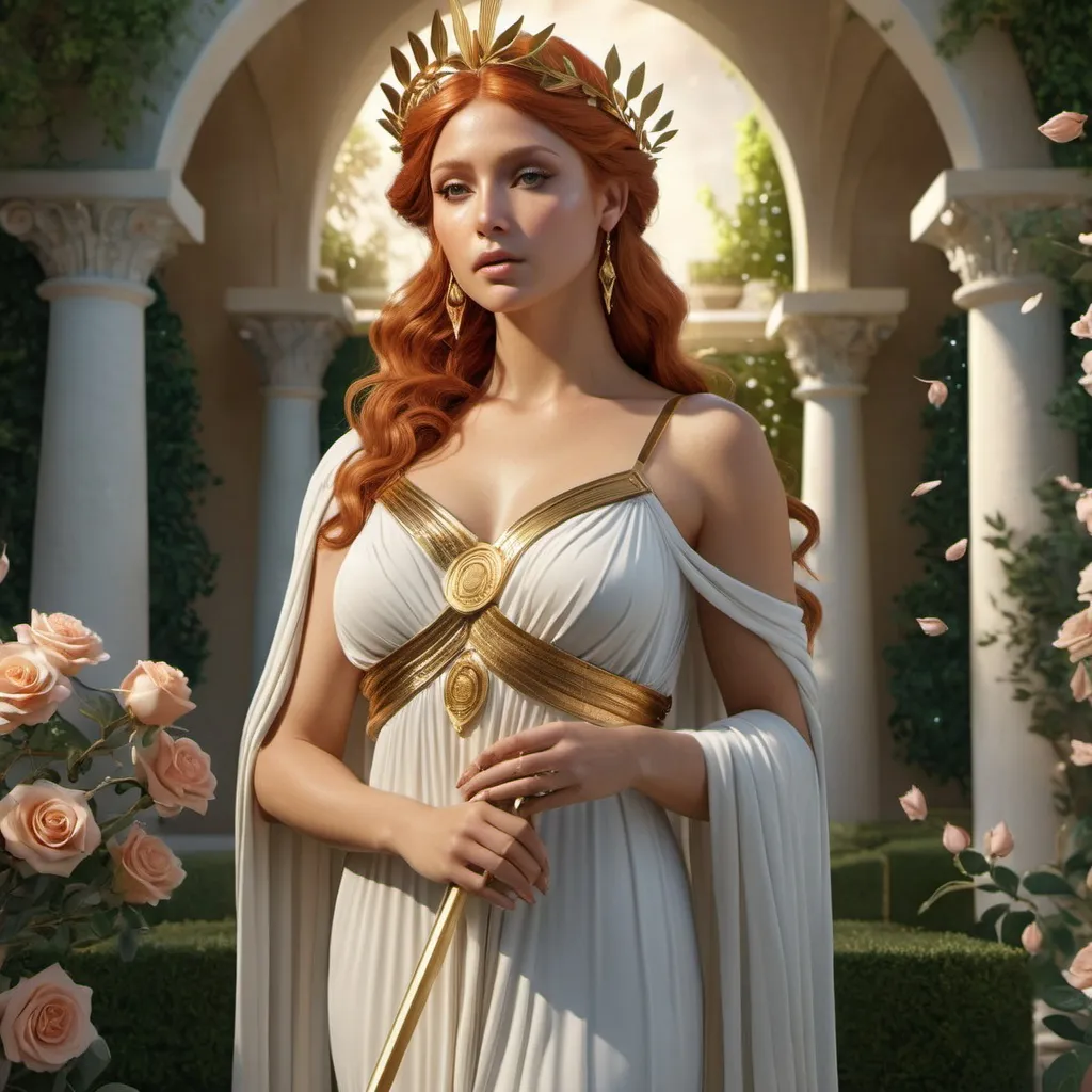 Prompt: HD 4k 3D, hyper realistic, professional modeling, ethereal Greek Muse of Lyric Poetry, light red hair, olive skin, gorgeous face, grecian gossamer gown, topaz jewelry and myrtle crown, full body, desirable, lovely, holding gold arrow, in rose garden, romantic, turtle doves,  detailed, elegant, ethereal, mythical, Greek, goddess, surreal lighting, majestic, goddesslike aura