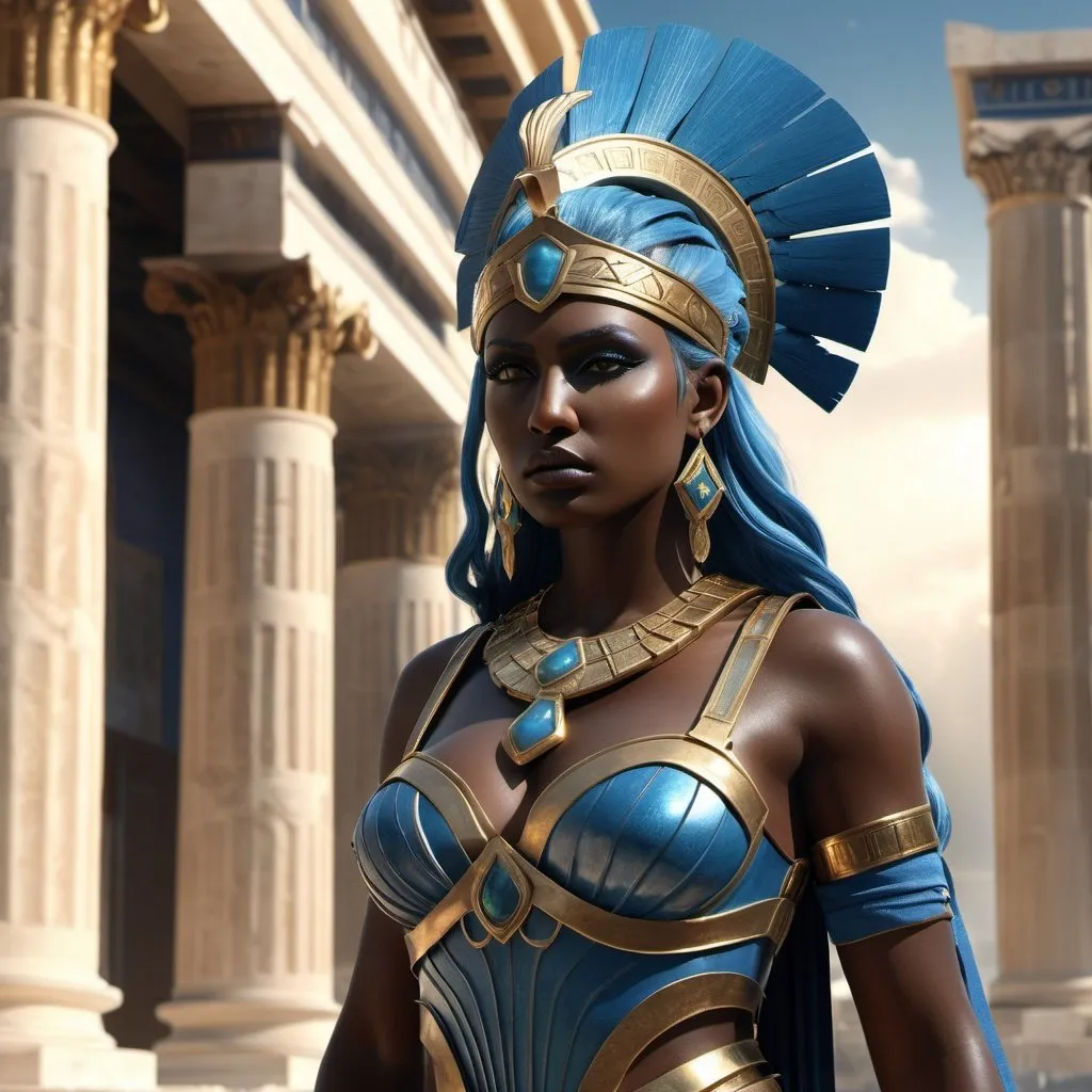 Prompt: HD 4k 3D, hyper realistic, professional modeling, ethereal Greek Goddess of Destructive War, blue hair, dark skin, gorgeous face,  grecian warrior armor, jade jewelry and headpiece, full body, destruction of cities, powerful, supreme war goddess, detailed, elegant, ethereal, mythical, Greek, goddess, surreal lighting, majestic, goddesslike aura