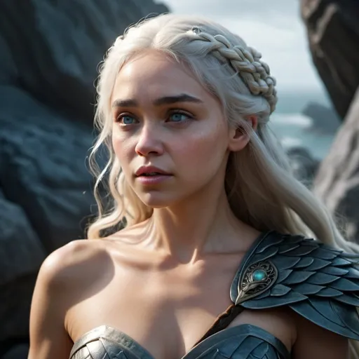 Prompt: HD 4k 3D, hyper realistic, professional modeling, enchanted Dragonstone Princess - Daenerys, strong, beautiful, magical, dragons, high fantasy background, detailed, highly realistic woman, elegant, ethereal, mythical, Greek goddess, surreal lighting, majestic, goddesslike aura