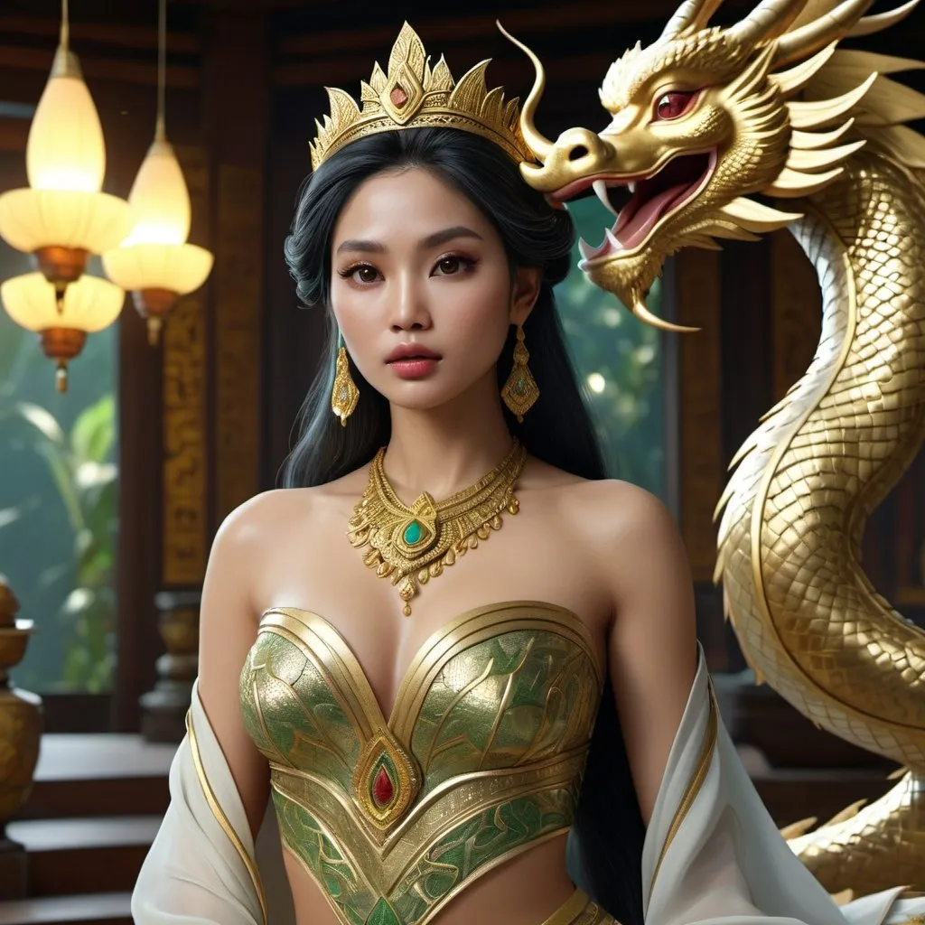 Prompt: HD 4k 3D, hyper realistic, professional modeling, enchanted Southeast Asian Princess - Raya, beautiful, magical, detailed, highly realistic woman, high fantasy background, Vietnam, Asian dragon, elegant, ethereal, mythical, Greek goddess, surreal lighting, majestic, goddesslike aura, Annie Leibovitz style 