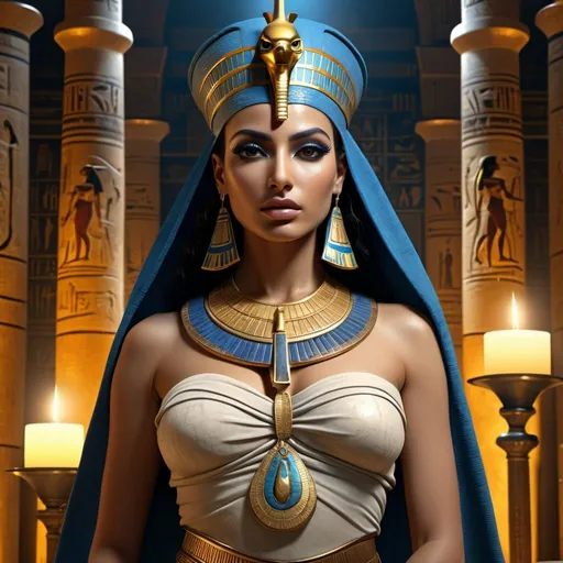Prompt: HD 4k 3D 8k professional modeling photo hyper realistic beautiful woman Egyptian Princess Nefertiri, ethereal greek goddess gorgeous face full body surrounded by ambient glow, enchanted, magical, detailed, highly realistic woman, high fantasy background, Egyptian Underworld, book of the dead, elegant, mythical, surreal lighting, majestic, goddesslike aura, Annie Leibovitz style 

