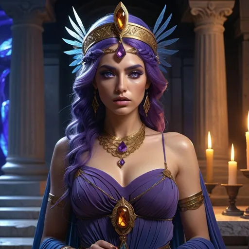 Prompt: HD 4k 3D, 8k, hyper realistic, professional modeling, ethereal Greek Goddess Vengeful Princess, purple hair, mixed skin, gorgeous glowing face, flowing amber dress, blue gemstone jewelry and headpiece, vengeful, holding a dagger outside a tomb, bloody, surrounded by ambient divinity glow, detailed, elegant, mythical, surreal dramatic lighting, majestic, goddesslike aura