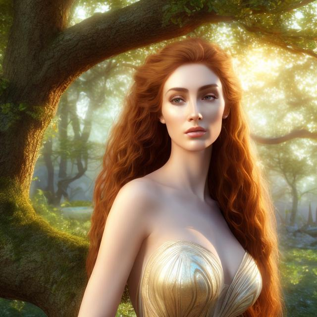 Prompt: HD 4k 3D, hyper realistic, professional modeling, ethereal  Greek goddess of oak,auburn hair, pale skin, gorgeous face, gorgeous tree dress, tree jewelry and oak handband, full body, ambient glow, oak tree nymph, landscape, detailed, elegant, ethereal, mythical, Greek, goddess, surreal lighting, majestic, goddesslike aura