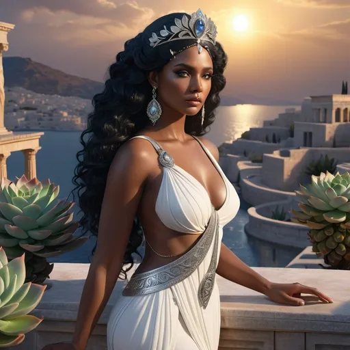 Prompt: HD 4k 3D, 8k, hyper realistic, professional modeling, ethereal Greek Goddess Helen of Troy, shining black hair, black skin, gorgeous glowing face, beautiful shining gown, silver gemstone jewelry and diadem, standing on the ramparts of Troy, swans and succulents, surrounded by ambient divinity glow, detailed, elegant, mythical, surreal dramatic lighting, majestic, goddesslike aura