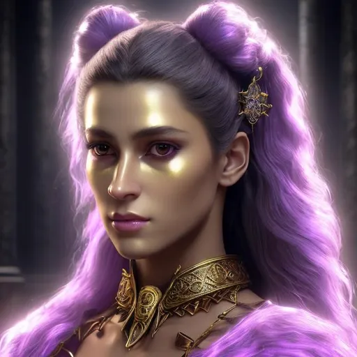 Prompt: HD 4k 3D 8k professional modeling photo hyper realistic beautiful woman ethereal greek goddess of judicial punishment
light purple pigtails hair brown eyes olive skin gorgeous face shimmering gem encrusted armor regal jewelry regal headpiece holding keys and weapon full body surrounded by ambient glow hd landscape background she guards prisoners, cells, prison, cages, lions and tigers
