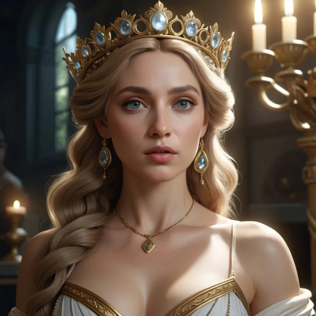 Prompt: HD 4k 3D, hyper realistic, professional modeling, enchanted European goddess mythology Princess, beautiful, magical, detailed, highly realistic woman, cottagecore style, elegant, ethereal, mythical, Greek goddess, surreal lighting, majestic, goddesslike aura, Annie Leibovitz style 