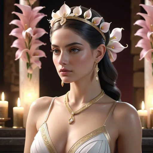 Prompt: HD 4k 3D, 8k, hyper realistic, professional modeling, ethereal Greek Goddess Princess of Mycenae, pink pulled back hair, pale skin, gorgeous glowing face, ornamental bridal dress, white gemstone jewelry and headband, strong, altar with calla lilies, standing next to stag, surrounded by ambient divinity glow, detailed, elegant, mythical, surreal dramatic lighting, majestic, goddesslike aura