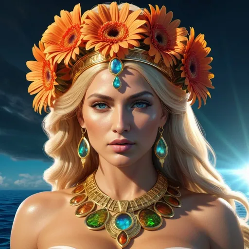 Prompt: HD 4k 3D, 8k, hyper realistic, professional modeling, ethereal Greek Goddess and Queen of the Amazons, blonde hair, fair skin, gorgeous glowing face, Amazonian Warrior, ammolite jewelry and diadem, Amazon warrior on ship at sea,  adorned with gerbera flowers, strong, powerful, leader, surrounded by ambient divine glow, detailed, elegant, mythical, surreal dramatic lighting, majestic, goddesslike aura