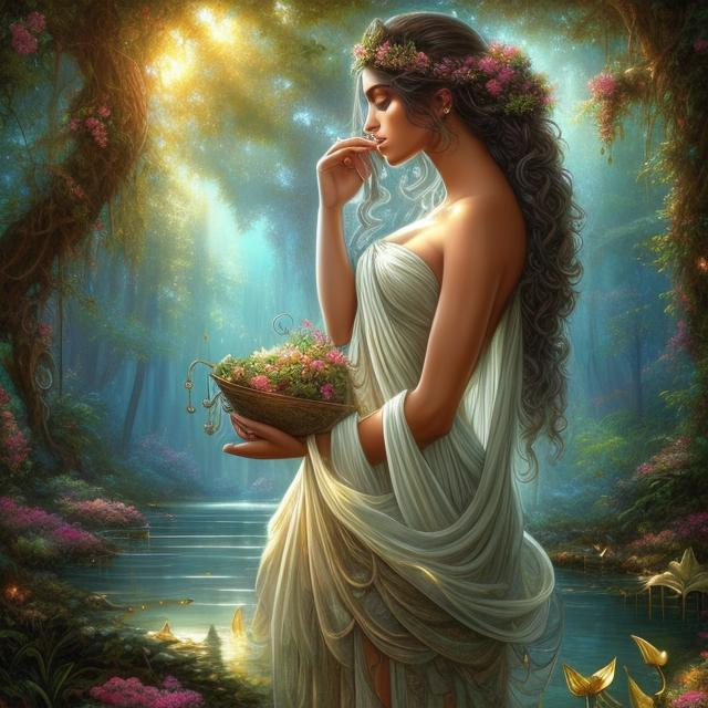Prompt: HD 4k 3D, hyper realistic, professional modeling, ethereal Greek goddess of echoes, black ombre hair, mixed skin, gorgeous face, gorgeous wild foliage dress,  rustic jewelry and tiara, full body, ambient glow, forest nymph, landscape next to pond with lilypads, detailed, elegant, ethereal, mythical, Greek, goddess, surreal lighting, majestic, goddesslike aura