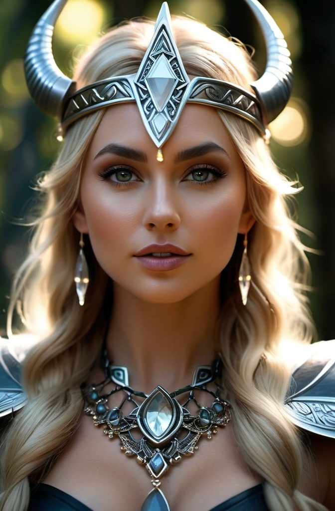 Prompt: Irpa Norse Dark Earth Goddess, hyper realistic, HD 4k 3D, professional modeling, ethereal, bright blonde l hair, light brown skin, gorgeous face, gorgeous jewelry and headpiece, Wicked Valkyrie, in a dark forest, ambient divine glow, detailed and intricate, elegant, ethereal, mythical, goddess, radiant lighting, majestic, goddesslike aura, Norse Viking Mythology