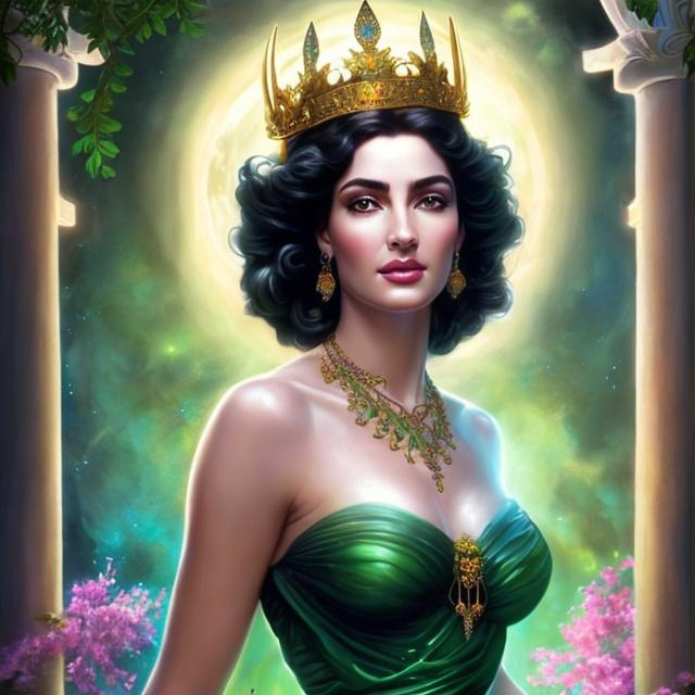 Prompt: HD 4k 3D, hyper realistic, professional modeling, ethereal Greek goddess of happiness, black hair with bull horns, fair skin, green earth gown, gorgeous face, emerald jewelry and crown, full body, ambient glow, bright spring meadow, happy, detailed, elegant, ethereal, mythical, Greek, goddess, surreal lighting, majestic, goddesslike aura