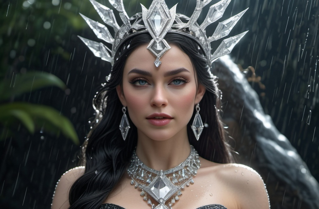 Prompt: Hnoss Norse Goddess of Jewels, hyper realistic, HD 4k 3D, professional modeling, ethereal, shiny black hair, pale skin, gorgeous face, gorgeous jewelry and headpiece of diamonds, standing in the rain, covered in diamonds, ambient glow, detailed, elegant, ethereal, mythical, goddess, radiant lighting, majestic, goddesslike aura, Norse Mythology