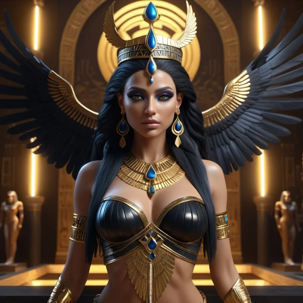 Prompt: HD 4k 3D, 8k, hyper realistic, professional modeling, ethereal Egyptian Goddess of Death, beautiful with black feather wings, glowing ivory skin, bronze hair, mythical dark outfit and jewelry, crown of death, full body, goddess of magic and the underworld, Fantasy setting, surrounded by ambient divine glow, detailed, elegant, surreal dramatic lighting, majestic, goddesslike aura, octane render, artistic and whimsical