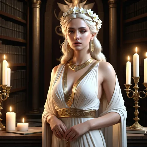 Prompt: HD 4k 3D, hyper realistic, professional modeling, ethereal Greek Muse of Knowledge, ivory hair, beige skin, gorgeous face, grecian embellished robes, opal jewelry and diadem, full body, dark academia, ancient library, wise, candles and black dahlias, detailed, elegant, ethereal, mythical, Greek, goddess, surreal lighting, majestic, goddesslike aura