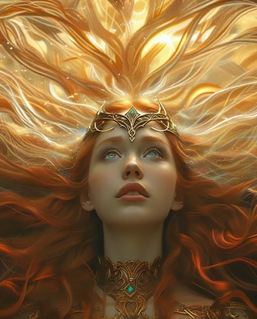 Prompt: Driver to victory Valkyrie Sigrdrífumál,  pre-Raphaelite time-lapse motion blur, High resolution, detailed portrait, ethereal atmosphere, red flowing hair, captivating eyes, cosmic mystical aura, vibrant colors, soft lighting, professional, digital painting, enchanting presence, fantasy, dreamy, female, mystical, detailed hair, captivating gaze, professional lighting, hyper realistic, HD 4k 3D, professional modeling, ethereal, gorgeous face, ambient divine glow, detailed and intricate, elegant, ethereal, mythical, goddess, radiant lighting, 