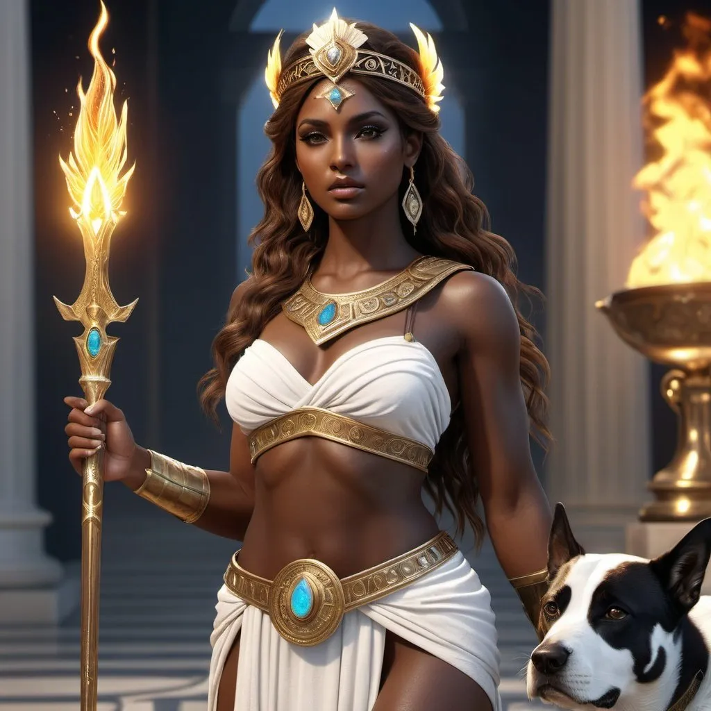 Prompt: HD 4k 3D, hyper realistic, professional modeling, ethereal Greek Goddess of Tracking, bright brown hair, dark skin, gorgeous face,  grecian female warrior, fire opal jewelry and tiara, full body, eternal bounty hunter and tracker, wild, dog companion, weapons, detailed, elegant, ethereal, mythical, Greek, goddess, surreal lighting, majestic, goddesslike aura