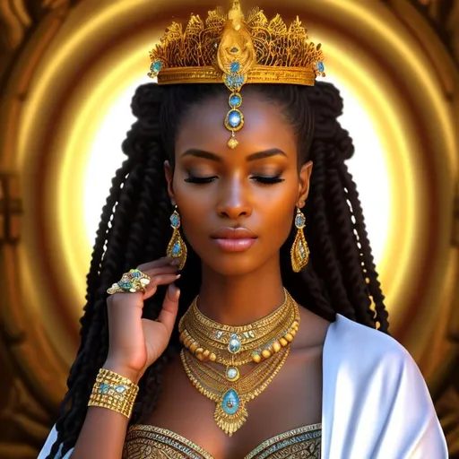 Prompt: HD 4k 3D, hyper realistic, professional modeling, ethereal Greek goddess of afternoon prayer, brown and black half up twist hair, brown skin, gorgeous face, priestess dress, religious jewelry and crown, full body, ambient glow of afternoon, alluring goddess, praying, afternoon meditation, piety, detailed, elegant, ethereal, mythical, Greek, goddess, surreal lighting, majestic, goddesslike aura