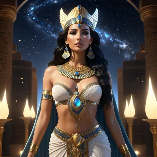 Prompt: HD 4k 3D, 8k, hyper realistic, professional modeling, ethereal Egyptian Goddess style, Goddess of the skies and heavens, beautiful, star covered gowns, glowing olive skin, black hair, mythical outfit covered in stars and jewelry, headband, full body, heavenly night sky, Fantasy setting, surrounded by ambient divine glow, detailed, elegant, surreal dramatic lighting, majestic, goddesslike aura, octane render, artistic and whimsical