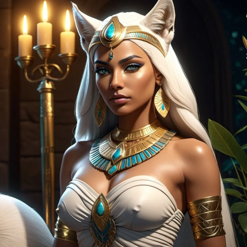 Prompt: HD 4k 3D, 8k, hyper realistic, professional modeling, ethereal Egyptian Warrior Goddess style, Caracal Goddess, beautiful huntress, jasmine flowers, glowing mixed skin, white hair, mythical warrior outfit, tiara, full body, tranquil night with blooming jasmine, Fantasy setting, surrounded by ambient divine glow, detailed, elegant, surreal dramatic lighting, majestic, goddesslike aura, octane render, artistic and whimsical