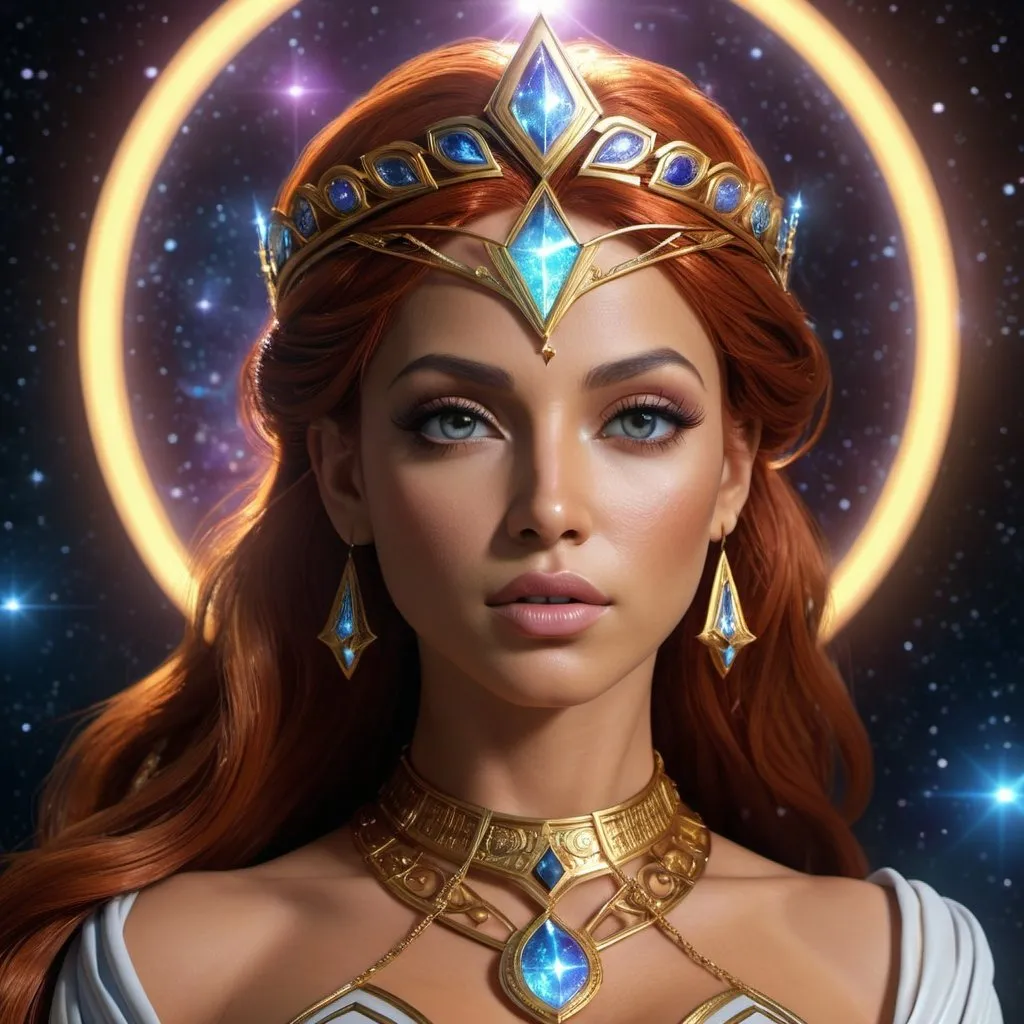 Prompt: HD 4k 3D, hyper realistic, professional modeling, enchanted Cosmic Princess - Starfire, strong, beautiful, magical, superpowers, outer space, detailed, elegant, ethereal, mythical, Greek goddess, surreal lighting, majestic, goddesslike aura