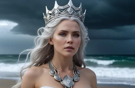 Prompt: Hludana Norse Goddess of violent winds, hyper realistic, HD 4k 3D, professional modeling, ethereal, light gray hair, white skin, gorgeous face, gorgeous jewelry and crown, on a beach in a storm, ambient glow, detailed, elegant, ethereal, mythical, goddess, moody lighting, majestic, goddesslike aura, Norse Mythology