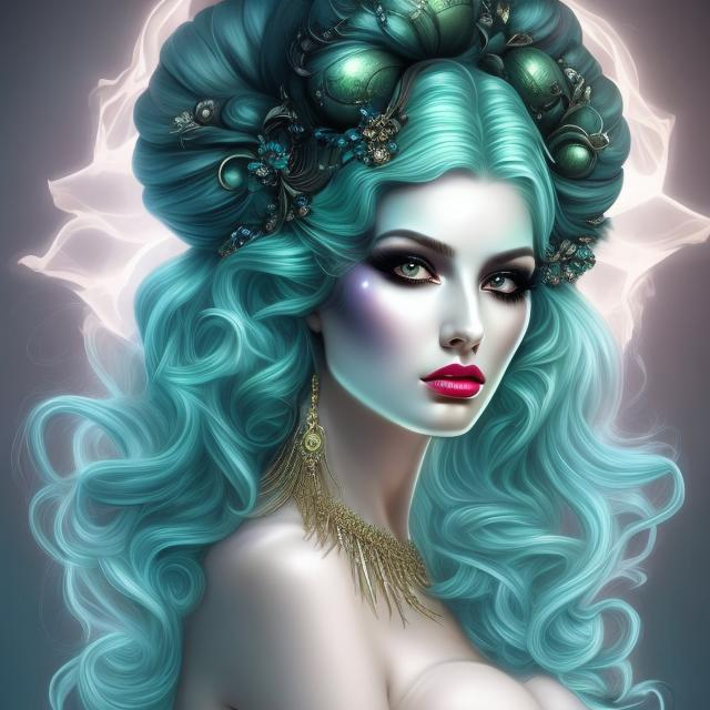 Prompt: HD 4k 3D, hyper realistic, professional modeling, ethereal Greek demon goddess of nightmares, green and blue bun hair, fair skin, black gown, gorgeous face, dark jewelry and headpiece, full body, ambient ghostly glow, dream spirit, night, detailed, elegant, ethereal, mythical, Greek, goddess, surreal lighting, majestic, goddesslike aura