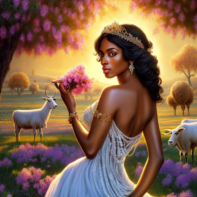 Prompt: HD 4k 3D, hyper realistic, professional modeling, ethereal  Greek goddess of fruit trees, shiny black hair, brown skin, gorgeous face, gorgeous tree dress, shining jewelry and tiara, full body, ambient shining glow, cow and sheep in orchard, landscape, detailed, elegant, ethereal, mythical, Greek, goddess, surreal lighting, majestic, goddesslike aura