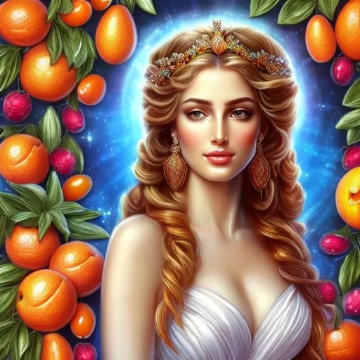 Prompt: HD 4k 3D, hyper realistic, professional modeling, ethereal Greek goddess of fruits, orange ombre hair, white skin, embroidered gown, gorgeous face, colorful jewelry and tiara, full body, ambient glow, beautiful goddess surrounded by fruits in spring, fruits and springtime,  detailed, elegant, ethereal, mythical, Greek, goddess, surreal lighting, majestic, goddesslike aura