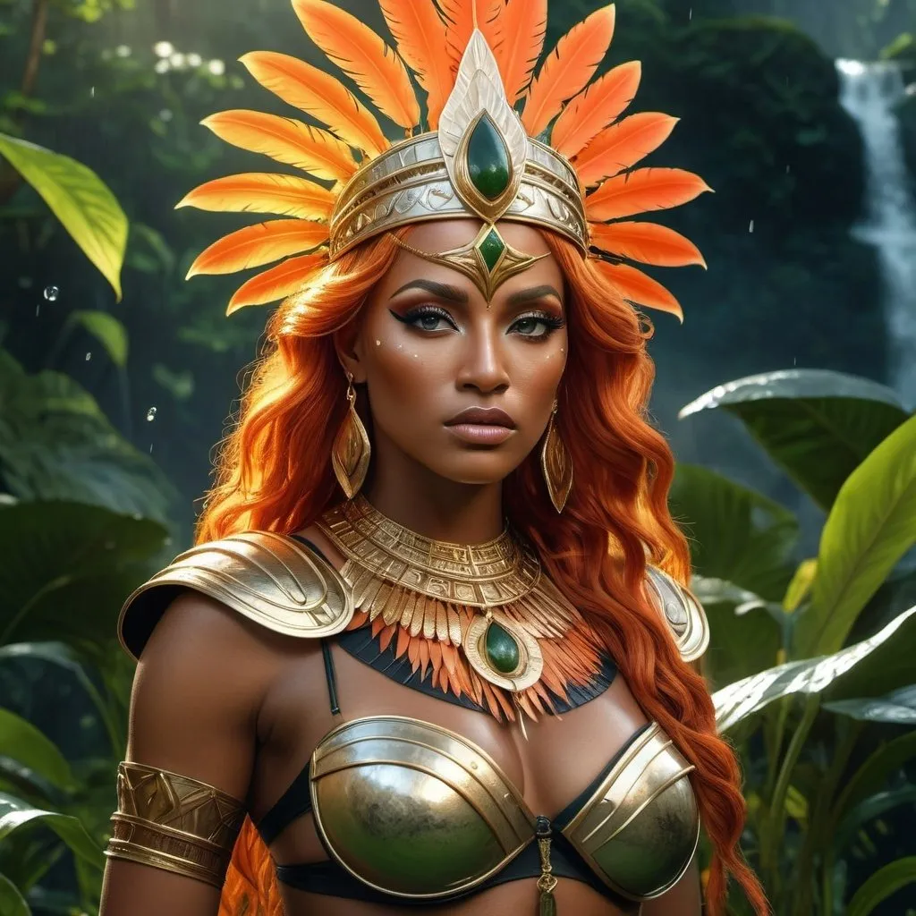 Prompt: HD 4k 3D, 8k, hyper realistic, professional modeling, ethereal Greek Goddess and Amazonian Queen, orange hair, black skin, gorgeous glowing face, Amazonian Warrior armor, red jade jewelry and crown and golden girdle, Amazon warrior, tattoos, full body, rainy green hills, adorned with cardinal feathers and gloriosa lilies, horses, surrounded by ambient divine glow, detailed, elegant, mythical, surreal dramatic lighting, majestic, goddesslike aura