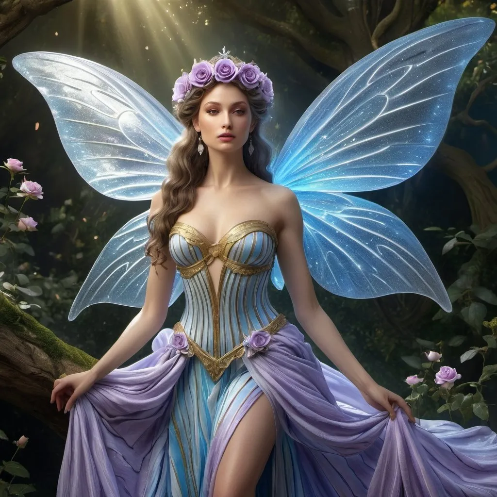 Prompt: HD 4k 3D 8k professional modeling photo hyper realistic beautiful woman enchanted, Oz Princess Polychrome, a cloud fairy and the daughter of the Rainbow, thus she is a "sky princess". radiant and beautiful fairy and exquisitely dressed. She was clad in flowing, fluffy robes of soft material that reminded Dorothy of woven cobwebs, only it was colored in soft violet, rose, topaz, olive, azure, and white, mingled together most harmoniously in stripes which melted one into the other. Her hair was like spun gold and floated around her in a cloud, no strand being fastened or confined by either pin or ornament or ribbon. she is sweet and ethereal, very much the archetypical good fairy. She is well known in the series for her daintiness and grace, and is considered to be an equal in beauty, ethereal greek goddess, full body surrounded by ambient glow, magical, highly detailed, intricate, outdoor  landscape, high fantasy background, elegant, mythical, surreal lighting, majestic, goddesslike aura, Annie Leibovitz style 