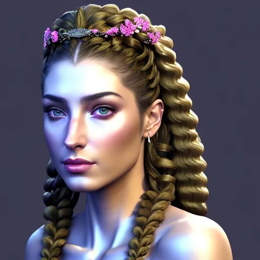 Prompt: HD 4k 3D, hyper realistic, professional modeling, ethereal Greek goddess of mountains and hunting, pink cornrow braids hair, olive skin, gorgeous face, gorgeous grecian warrior armor and weapons,  jewelry and headband, full body, ambient glow, mountain and animals nymph, landscape, detailed, elegant, ethereal, mythical, Greek, goddess, surreal lighting, majestic, goddesslike aura