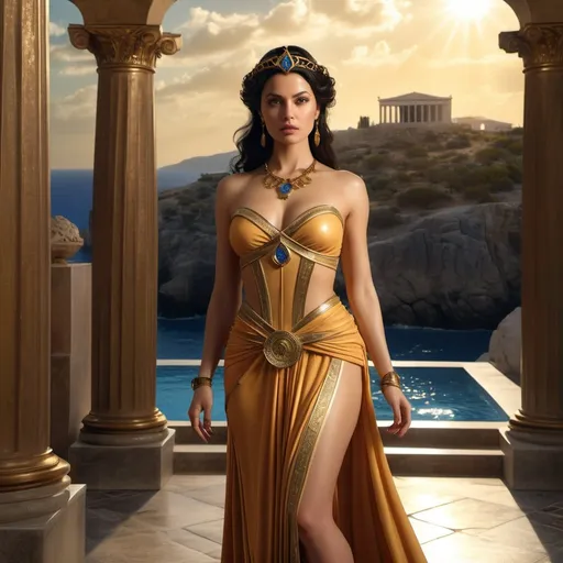 Prompt: HD 4k 3D 8k professional modeling photo hyper realistic beautiful woman enchanted, Princess Arianne Martell, Arianne is portrayed with a sense of empowerment and as cunning and highly intelligent. She also stands up to men around her who try to act as her superior. Although Arianne is scheming, impulsive and flawed, she has a conscience and is also warm and likeable, ethereal greek goddess, full body surrounded by ambient glow, magical, highly detailed, intricate, outdoor  landscape, high fantasy background, elegant, mythical, surreal lighting, majestic, goddesslike aura, Annie Leibovitz style 

