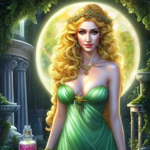 Prompt: HD 4k 3D, hyper realistic, professional modeling, ethereal Greek goddess of cures, yellow and green hair, dark freckled skin, alluring gown, gorgeous face, gemstone jewelry and tiara, full body, ambient glow, potion maker, working in greenhouse with potions, oils, and cures, detailed, elegant, ethereal, mythical, Greek, goddess, surreal lighting, majestic, goddesslike aura