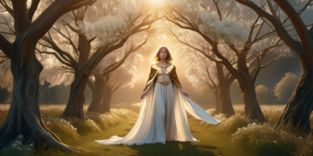 Prompt: Freja Norse Goddess of Love, beauty and gold,  hyperrealistic, HD 4k 3D 8k professional modeling photo, beautiful mixed tone maiden, enchanted, lady wears a feathered cloak and a beautiful necklace, surrounded by ambient glow in heavenly field, magical, highly detailed, intricate, mythical background, elegant, surreal lighting, majestic, goddesslike aura