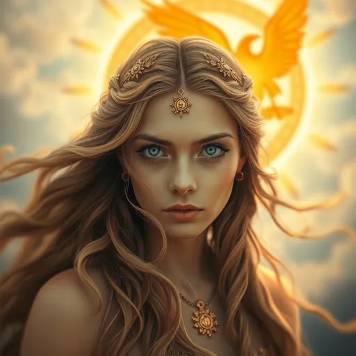 Prompt: Ancient Primordial Goddess of the Dawn, sun and sky, phoenix, pre-Raphaelite time-lapse motion blur, High resolution, detailed portrait, ethereal atmosphere, flowing hair, captivating eyes, cosmic mystical aura, vibrant colors, soft lighting, professional, digital painting, enchanting presence, fantasy, dreamy, female, mystical, detailed hair, captivating gaze, professional lighting, hyper realistic, HD 4k 3D, professional modeling, ethereal, gorgeous face, ambient divine glow, detailed and intricate, elegant, ethereal, mythical, goddess, radiant lighting,