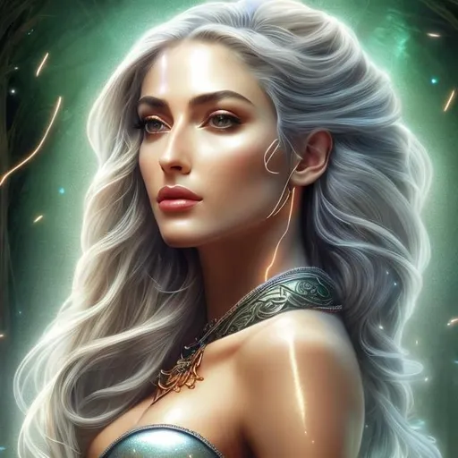 Prompt: HD 4k 3D, hyper realistic, professional modeling, ethereal Greek goddess of trajectory, green twist hair, light skin, gorgeous face, gorgeous silver archer armor,  rustic jewelry and headpiece, full body, ambient glow, archery maiden, nymph, landscape, detailed, elegant, ethereal, mythical, Greek, goddess, surreal lighting, majestic, goddesslike aura