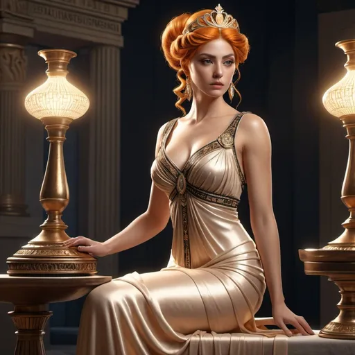 Prompt: HD 4k 3D, hyper realistic, professional modeling, ethereal Greek Goddess of Sewing, orange topsy tail hair, beige skin, gorgeous face, grecian embroidered gown, black pearl jewelry and tiara, full body, seamstress, sews fates, in a tower, spindle, detailed, elegant, ethereal, mythical, Greek, goddess, surreal lighting, majestic, goddesslike aura