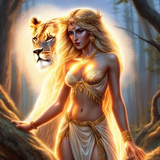 Prompt: HD 4k 3D, hyper realistic, professional modeling, ethereal Greek goddess of beauty, white hair, tan skin, red embroidered gown, gorgeous face, ruby and gold jewelry and headband, full body, ambient glow, beautiful goddess on rocks with a lion, bonfire at evening, detailed, elegant, ethereal, mythical, Greek, goddess, surreal lighting, majestic, goddesslike aura