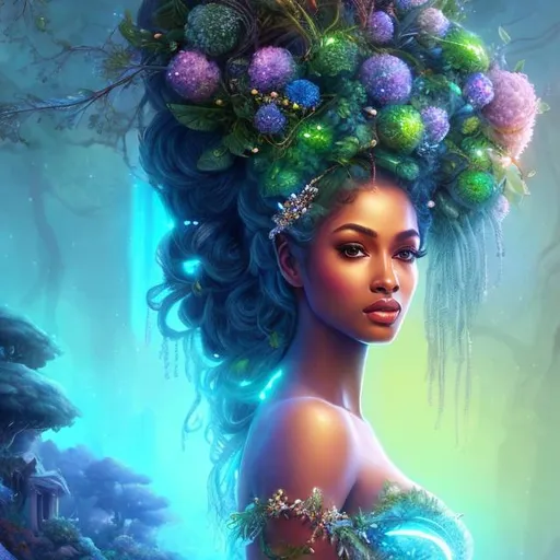 Prompt: HD 4k 3D, hyper realistic, professional modeling, ethereal Greek goddess of trees, blue topsy tail hair, black skin, gorgeous face, gorgeous tree dress, tree jewelry and headband, full body, ambient neon glow, tree nymph mountain, landscape, detailed, elegant, ethereal, mythical, Greek, goddess, surreal lighting, majestic, goddesslike aura