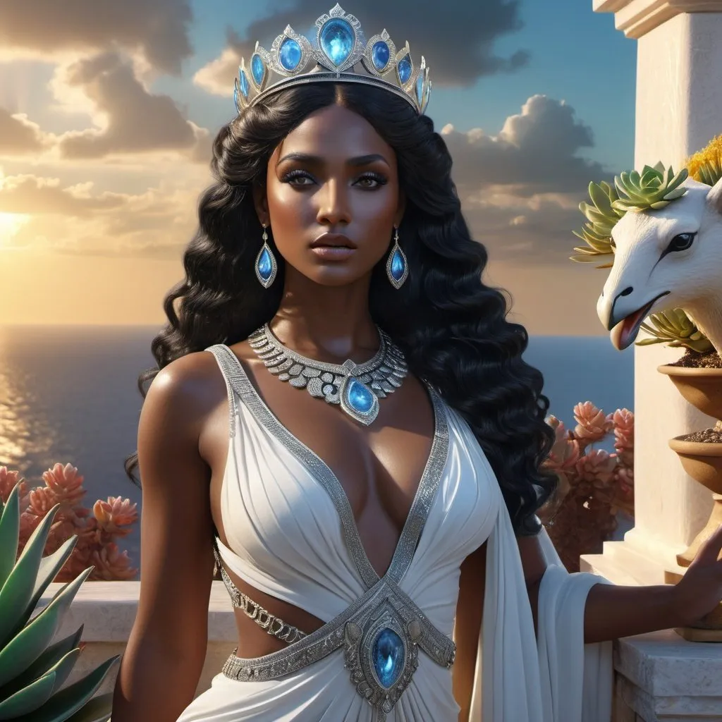 Prompt: HD 4k 3D, 8k, hyper realistic, professional modeling, ethereal Greek Goddess Helen of Troy, shining black hair, black skin, gorgeous glowing face, beautiful shining gown, silver gemstone jewelry and diadem, standing on the ramparts of Troy, swans and succulents, surrounded by ambient divinity glow, detailed, elegant, mythical, surreal dramatic lighting, majestic, goddesslike aura