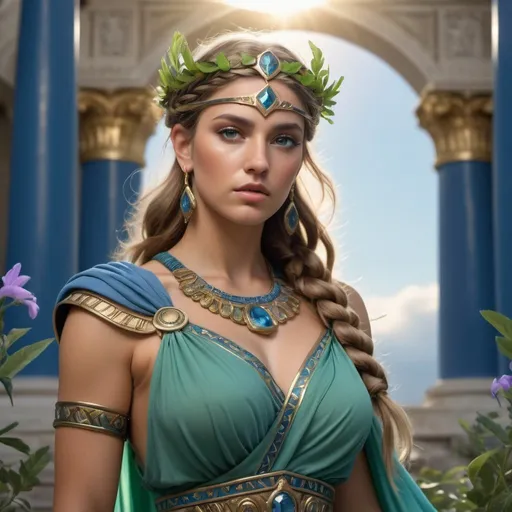 Prompt: HD 4k 3D, 8k, hyper realistic, professional modeling, ethereal Greek Goddess Fighter of Men, green double french braided hair, tan skin, gorgeous face, colorful Trojan dress, blue gemstone jewelry and diadem, Trojan Queen, Palace with bellflowers, powerful and proud, surrounded by ambient divine glow, detailed, elegant, ethereal, mythical, Greek, goddess, surreal lighting, majestic, goddesslike aura