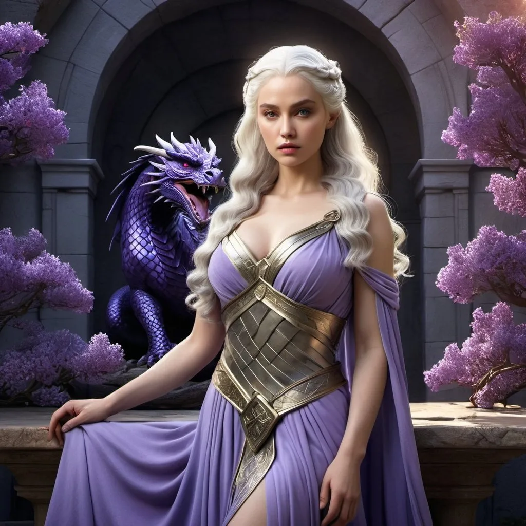 Prompt: HD 4k 3D 8k professional modeling photo hyper realistic beautiful woman enchanted, Princess Rhaenys, The Targaryen dragons were the last known to exist and died out long before the events of A Game of Thrones. People of Targaryen ancestry, referred to as "blood of the dragon", tend to have silvery-gold or platinum hair and purple eyes ranging from lilac to violet, ethereal greek goddess, full body surrounded by ambient glow, magical, highly detailed, intricate, outdoor  landscape, high fantasy background, elegant, mythical, surreal lighting, majestic, goddesslike aura, Annie Leibovitz style 

