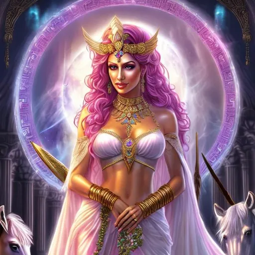 Prompt: HD 4k 3D, hyper realistic, professional modeling, ethereal Greek warrior goddess of mysteries, pink half up hair, white skin, gorgeous face, gorgeous priestess gown and veil, pagan jewelry, full body, ambient glow, mistress goddess, standing next to a stallion, detailed, elegant, ethereal, mythical, Greek, goddess, surreal lighting, majestic, goddesslike aura