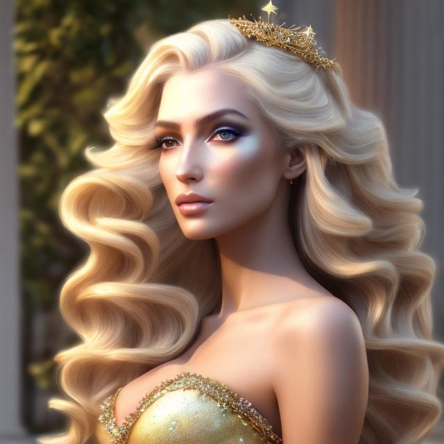 Prompt: HD 4k 3D, hyper realistic, professional modeling, ethereal Greek goddess "abundance", blonde ombre hair, tan skin, springtime gown, gorgeous face, starry jewelry and crown, full body, ambient glow, alluring archer goddess, bonfires, detailed, elegant, ethereal, mythical, Greek, goddess, surreal lighting, majestic, goddesslike aura