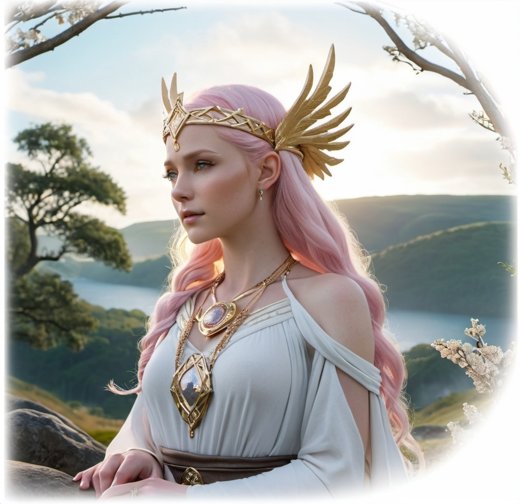 Prompt: Fulla Norse Goddess maiden,  hyper realistic, HD 4k 3D, professional modeling, ethereal, light pink hair, pale skin, gorgeous face, gorgeous gold jewelry and headband, full body, ambient glow, landscape, detailed, elegant, ethereal, mythical, goddess, surreal lighting, majestic, goddesslike aura, Norse Mythology